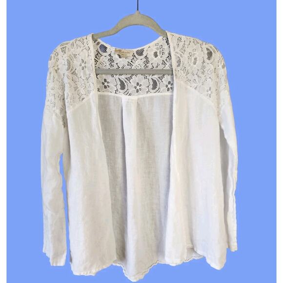 Bellambra Italy 100% Linen blouse Sz Small Open Front Shirt Lace Trim Shacket - Picture 1 of 10